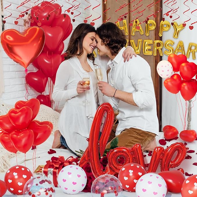 Red Valentines Day Balloons kit,Anniversary Decorations Valentines Day Decorations,Red Valentines Day Balloons with Happy Anniversary Banner Heart Balloon for Sweetest Day Decorations
