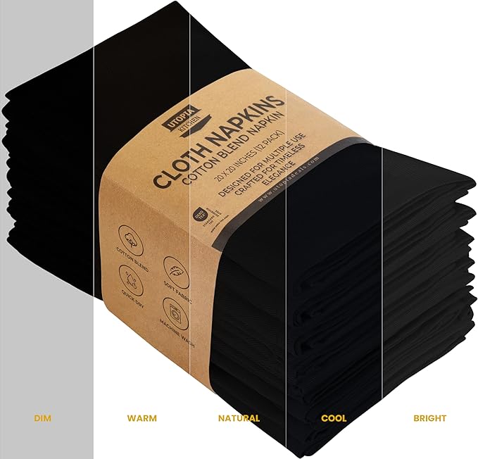 Utopia Kitchen Black Cloth Napkins [12 Pack, 20x20 Inch] Absorbent Cotton Blend Washable and Reusable for Dinner, Restaurant, Lunch, Wedding and Hotel