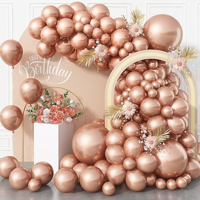 Rose Gold Balloons 113PCS, Different Sizes Metallic Rose Gold Helium Latex Balloon Garland Arch Kit 18/12/10/5 Inch Chrome Gold Rose Balloons Party Decorations for Birthday Anniversary Wedding Decor