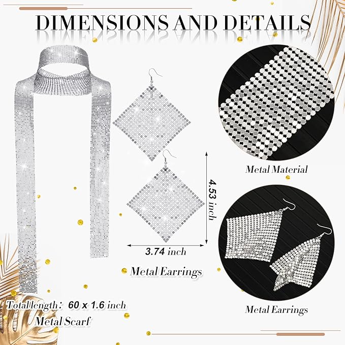 Sasylvia 5 Pcs 70s Disco Accessories Halloween Women Costume Jewelry Sequin Scarf Earrings Sunglasses Bracelet Headband