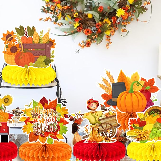 9Pcs Fall Centerpiece Table Decorations Fall Party Decorations Thanksgiving Table Centerpiece Turkey Centerpiece Pumpkin Honeycomb for Thanksgiving Table Decoration Autumn Birthday Party Supplies