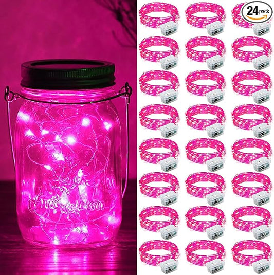 ZGWJ 24 Pack Fairy Lights Battery Operated, 7ft 20 Mini LED Fairy String Lights Silver Wire 3 Modes for DIY, Parties, Wedding, Bedroom, Halloween Christmas Decoration Pink