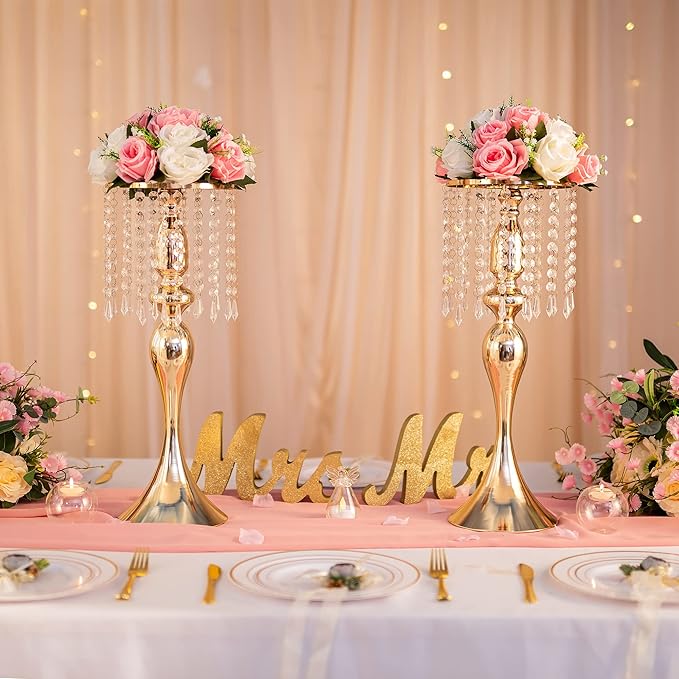 Gold Centerpieces for Table Wedding: 21.3in Crystal Flower Arrangement Stand, Gold Flower Vase, Wedding Centerpieces for Tablesfor Event, Reception, Birthday, Home Decor, 2 Pcs