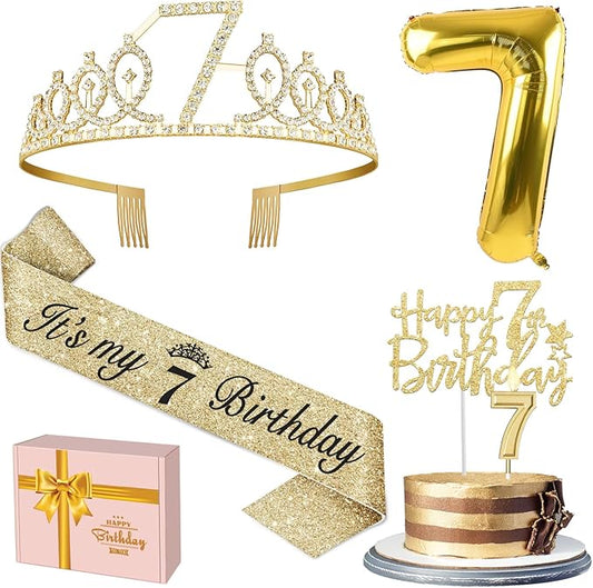 7th Birthday Decorations for Girl with 7th Birthday Girl Sash and Tiara, Candles and Cake Topper, Number Balloons, 7 Year Old Girls Gifts