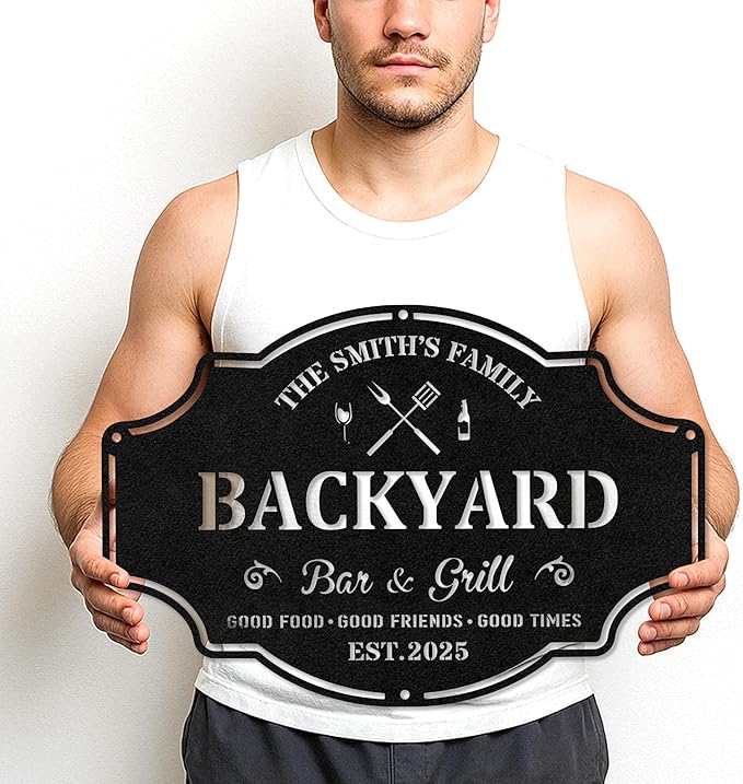 Custom BBQ Grill Metal Sign Personalized Name Wall Art for Outdoor Barbecue Patio Kitchen Backyard Decor Gift for Dad Husband Men Papa Grandpa Father Grilling Enthusiasts Family Lover Funny Gifts 15