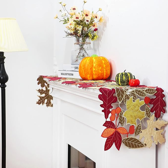Tegeme Thanksgiving Table Runner 69 Inches Long Fall Autumn Harvest Embroidered Maple Leaves Table Runner 16 x 69 Inches Farmhouse Home Decorations Kitchen Dining Party Decor