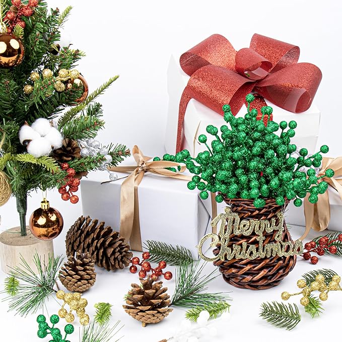 VioletEverGarden 32 Pack Glitter Christmas Picks 6.5 Inch Christmas Berry Stems Green Artificial Berry Stems for Holiday Xmas Tree Home Decorations