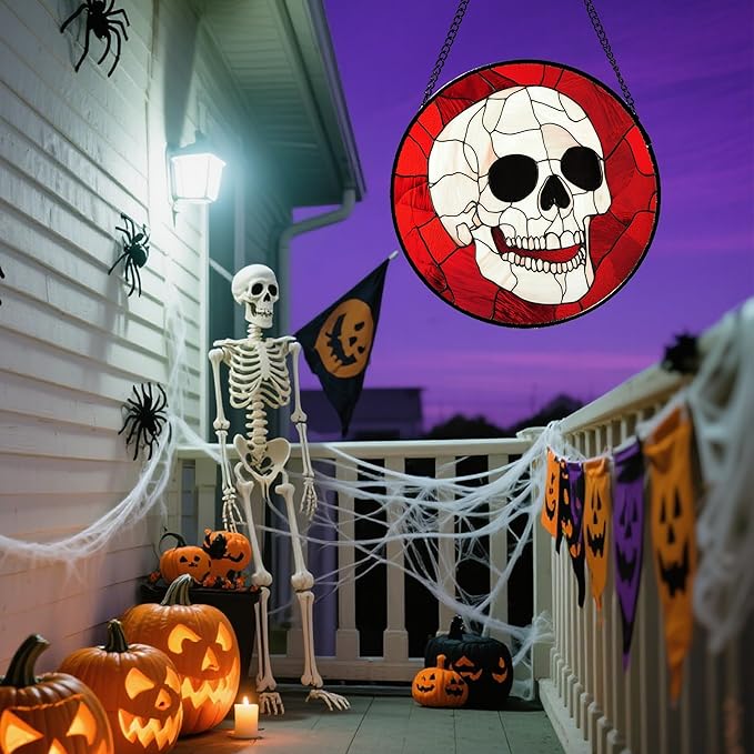 Stained Glass Window Hanging - Halloween Decoration White Skeleton Skull Suncatcher for Door Garden Spooky Red Sun Catchers Gothic Decor Horror Gifts for Women Men Friend Boy Girl 9.8 in
