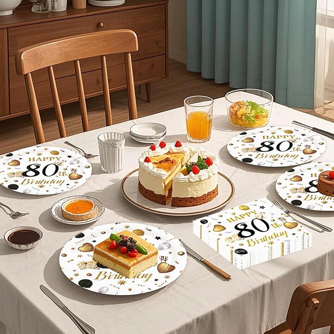 75PCS 80th Birthday Plates and Napkins Party Decorations, 7 Inch White and Gold Happy Birthday Paper Dessert Cake Plates and Napkins with Forks Disposable Tableware Set for Women Men