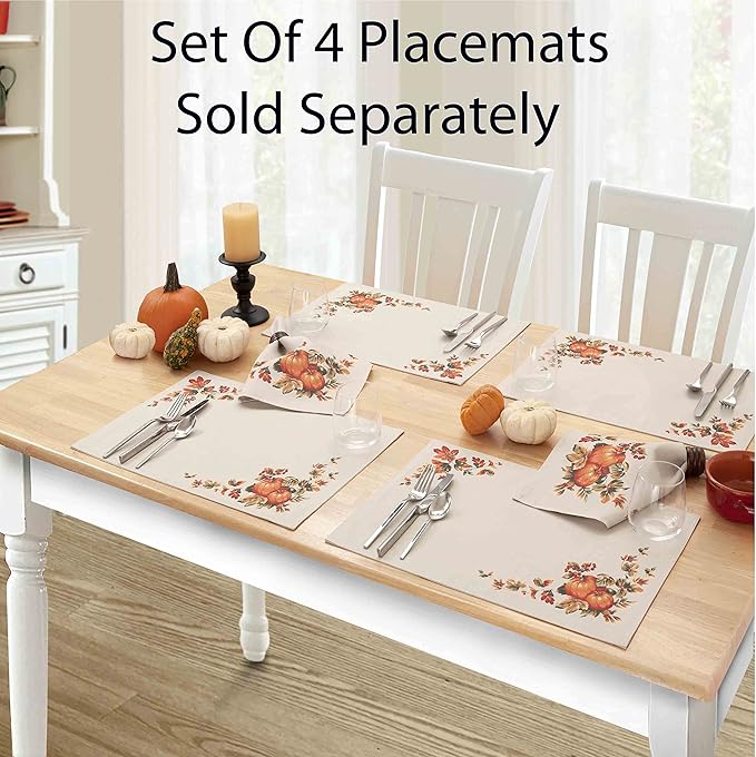 Lintex Thanksgiving Traditions Autumn Harvest Fabric Tablecloth, 52 x 52 Inch Square, Pumpkin Patch and Fall Leaves Border, Easy Care Thanksgiving Table Cover