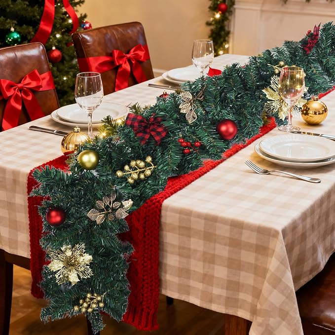 9FT Christmas Garland with Lights, Pre-Lit Garland for Christmas Decorations with, Bows, Berries, Balls, Flowers, Leaves, 50 LED Lights，Battery Powered Outdoor Indoor Christma Decorations