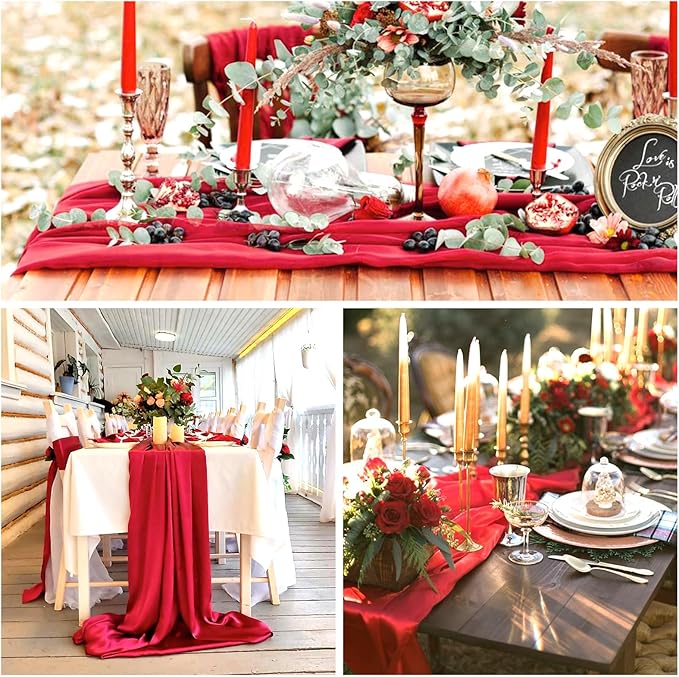 12 Pack Christmas Table Runner Red Cheesecloth Table Runner 10FT Boho Gauze Fabric 35 x 120 Inch Rustic Sheer Runner for Centerpiece Wedding Decor Baby Shower Party Holiday Decoration