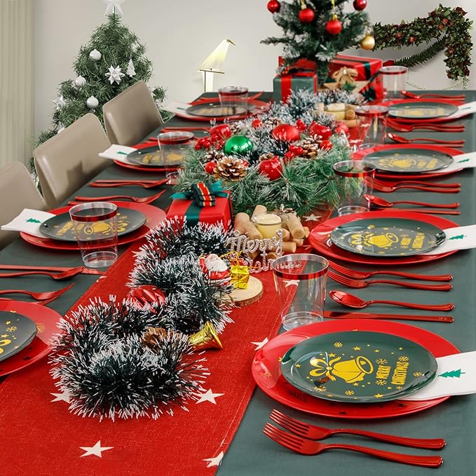 WDF 175pcs Christmas Plates Plastic Disposable - 25Green Plates 25Red Plates with Gold Bells, 75Red Plastic Silverware, 25Clear Cups Red Rim and 25Christmas Tree Napkins for Parties