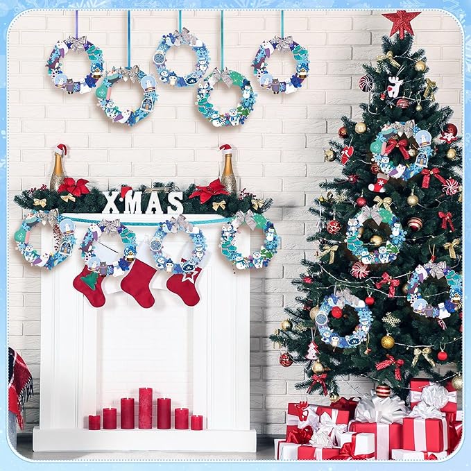 Moucuny 620/600 Pcs Winter Wreath Craft Kits DIY Snowman Christmas Wreath Crafts Kits Xmas Winter Home Decorations for Party Favors(Polar,Purple, Cyan, Light Blue, Dark Blue)