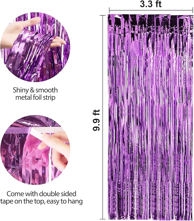 Crosize 7 Pack 3.3 x 9.9 ft Purple Foil Fringe Backdrop Curtain, Streamer Backdrop Curtains, Streamers Birthday Party Decorations, Tinsel Curtain for Parties, Galentines Decor