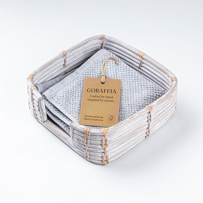 Square Rattan Napkin Holder for Bathroom – 7.5"x7.5" Handwoven Guest Towel Tray for Disposable Paper Napkins, Eco-Friendly Organizer Basket for Countertop & Vanity (White Wash)