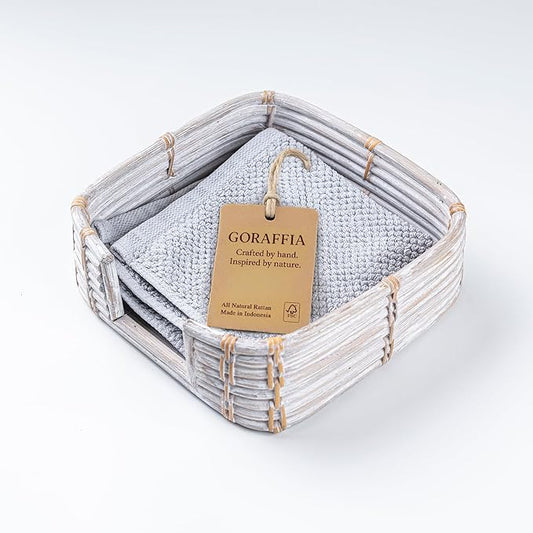Square Rattan Napkin Holder for Bathroom – 7.5"x7.5" Handwoven Guest Towel Tray for Disposable Paper Napkins, Eco-Friendly Organizer Basket for Countertop & Vanity (White Wash)