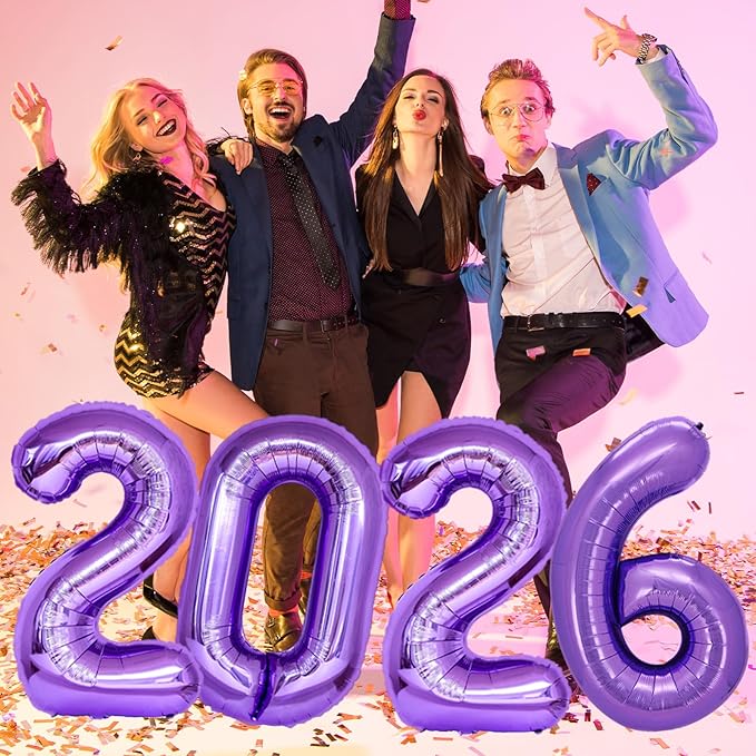 KALOR 42 Inch 2026 Purple Mylar Number Balloons, 2026 New Years Foil Balloon for 2026 Happy New Year Eve and Graduations Decorations Party Supplies