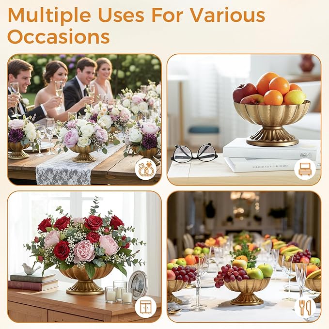 8 Pack Urn Vases for Wedding Centerpieces Vintage Gold Metal Vase Flower Arrangement Pots for Table Hammered Compote Bowl for Christmas Anniversary Party Indoor Outdoor