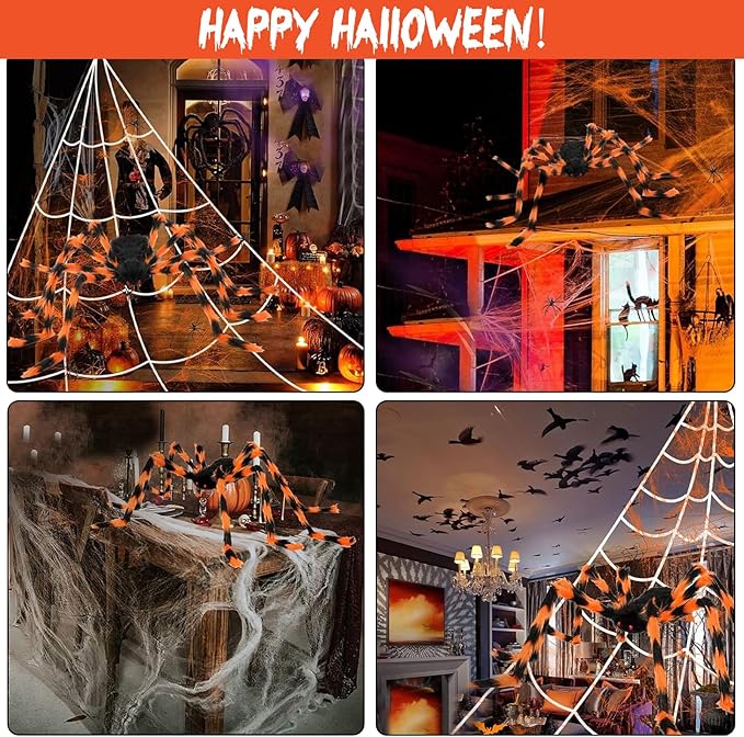 200" Halloween Spider Web + 59" Giant Spider Decorations, Triangular Huge Spiders Web and Hairy Scary Fake Spider, for Indoor Outdoor Porch Yard, Scary Haunted House Party, and Halloween Décor