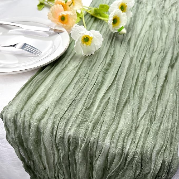 Booque Valley Dusty Green Cheesecloth Table Runner 10ft Super Soft Boho Wrinkled Gauze Sheer Cloth for Baby Shower Baptism Birthday Party Wedding Centerpiece Table Decoration, 35x120 Inch