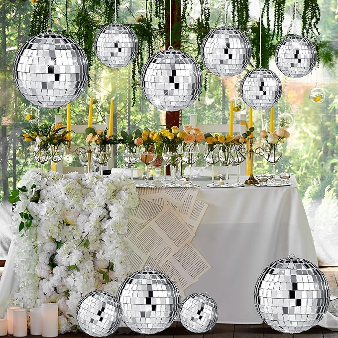Funtery 100 Pcs Mirror Disco Balls Bulk Assorted Silver Hanging Disco Ball Decor for Home Wedding Birthday Dance Music 70 S Theme Party Christmas Tree Ornaments(1.2'',1.6'',2'',2.4'',4'')