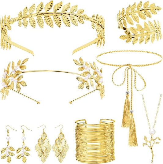 Greek Goddess Costume Accessories Set for Women, Golden Laurel Leaf Crown, Headpiece, Earrings, Roman Toga Waist Belt