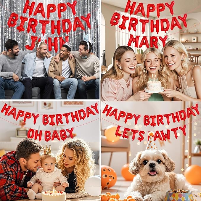 65 Pcs Red Happy Birthday Balloons and 2 Sets A-Z Letters Foil Balloons, 16 Inch Personalized Name Happy Birthday Banners for Wedding Baby Shower Anniversary Party Decorations (Red)