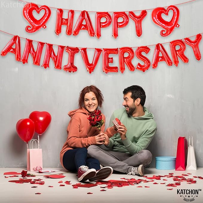 KatchOn 18 Inch Happy Anniversary Balloons Letters - Big Red Banner for Decorations | Heart Balloons for Party