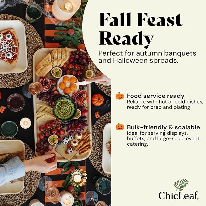 Chic Leaf All Natural Compostable & Disposable Rectangular 13" x 9" Palm Leaf Serving Tray for Events, Thanksgiving, Charcuterie Board, Catering & Weddings - Disposable Plates Party Supplies (10 pc)