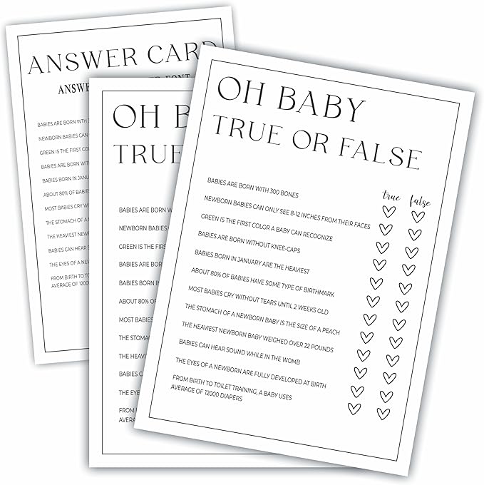 Baby Shower Party Games- Minimalism Black &White-True Or False Game For Guest-30 Game Cards & 1 Answer Card-Wishes For Baby-Baby Announcement Gender Reveal Game Card 08
