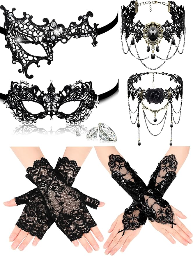 Newcotte 6 Pcs Masquerade Mask for Women Lace Mask Choker Necklace Glove for Christmas Halloween Venetian Party 80s 90s