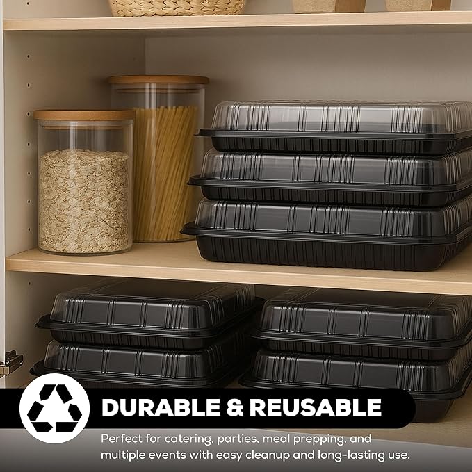 6 Pack Catering Trays with Lids – 13" Serving Tray with Lid, Heavy Duty Recyclable Plastic Party Platters for Catering, Buffet, Picnics & Events – Food Trays with Clear Lid (13.39 × 9.84 × 2.95 inch)