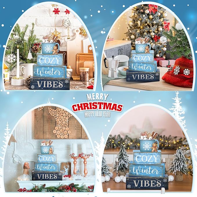 4 Pcs Christmas Table Decoration Wooden Hot Cocoa Decor Winter Tiered Tray Decor Christmas Centerpiece Rustic Decorative Hot Cocoa Block Sign Farmhouse Winter Decoration for Home Kitchen