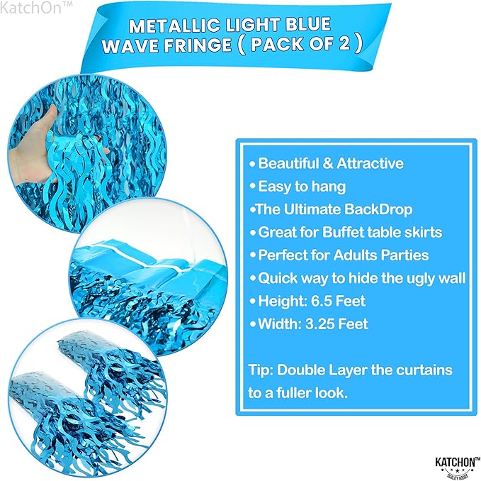 KatchOn, XtraLarge, Wavy Blue Foil Fringe Curtain - Pack of 2 | Blue Fringe Backdrop for Beach Party Decorations | Wavy Streamers For Birthday, Under The Sea Party Decoration | Pool, Summer Decoration