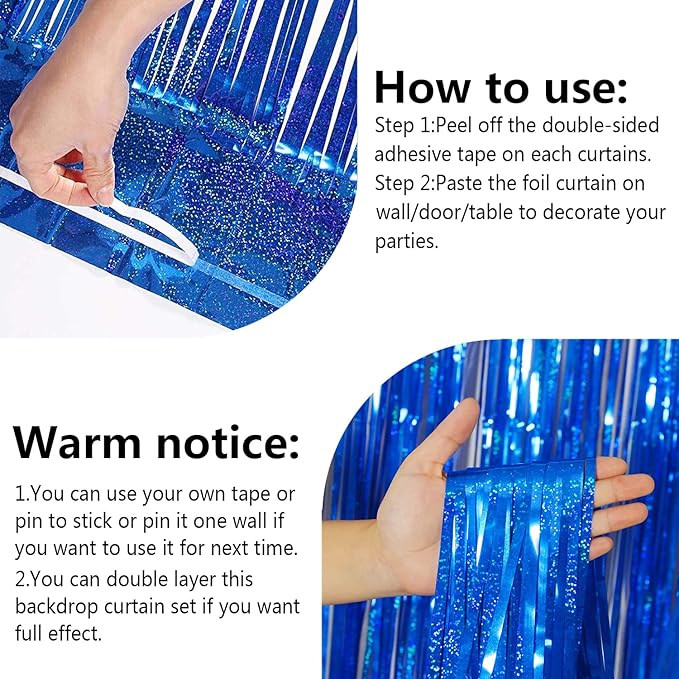 2 Packs 3.2ft x 6.6ft Royal Blue Metallic Tinsel Foil Fringe Curtains Photo Booth Props for Birthday Wedding Engagement Bridal Shower Baby Shower Bachelorette Holiday Celebration Party Decorations