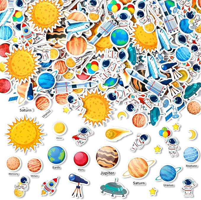 JULBEAR Spaces Foam Sticker for Kids Crafts, 300Pcs Bulk Colorful Planet Astronaut Rocket Self-Adhesive Foam Stickers for Birthday Party DIY Crafts Favor Scrapbooks Decorations Supplies