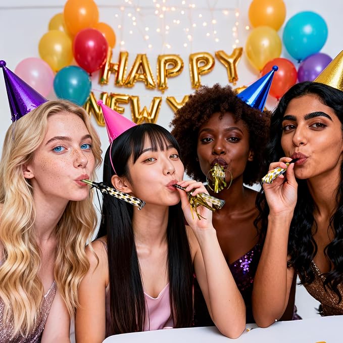 100pcs New Years Eve Party Supplies 2026 Black, Gold & Silver Party Blowers, New Years Decorations Noisemakers for Kids & Adults Nye Decorations