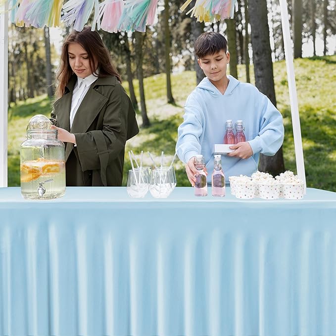 HolidayIdeas Floor Length 6ft Spandex Tablecloth 2 Pack Fitted Stretch Table Skirts 30x72 Inch, Ruffle Design Wrinkle-Free Polyester Table Cover for Weddings Parties Banquets Events,Baby Blue, 2 Pcs