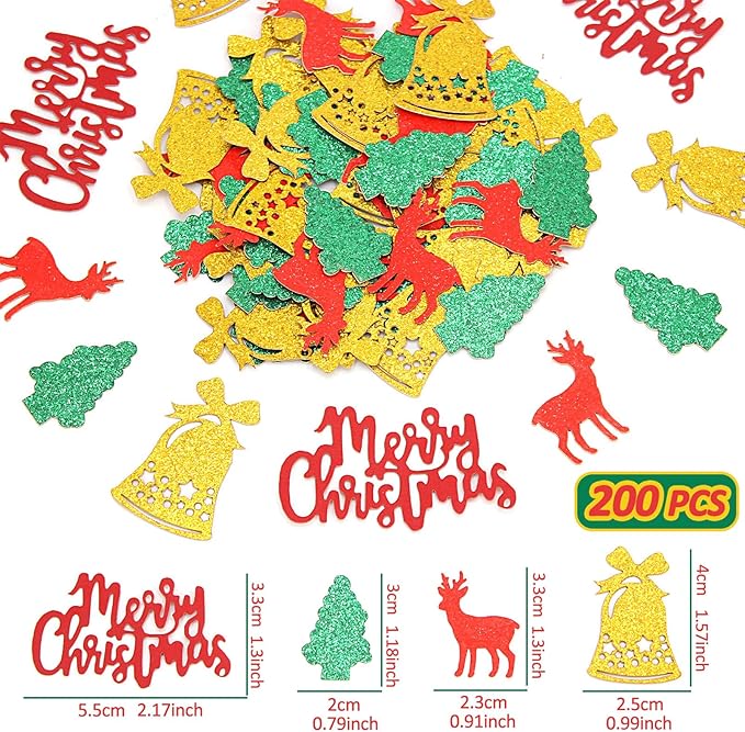 VHUWE Christmas Confetti, 200 Pcs Glitter Gold Bell Red Elk Green Tree Red MerryChristmas for Christmas Table Centerpiece Decorations Birthday Winter Holiday Party Décor - Glitter Paper