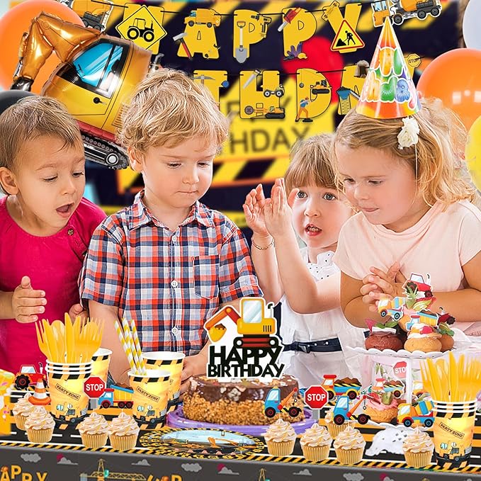 175 PCS Construction Birthday Party Supplies, Construction Party Decorations, Dump Truck Party Decorations Includes Balloons, Backdrop, Banner, Tablecloth, Plates, Napkins, Cake Toppers