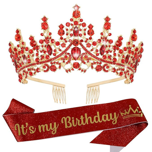 VELSCRUN Red Crystal Birthday Tiara Crowns for Women Girls It's My Birthday Sash Queen Girls Princess Crown with Combs Happy Birth Party Decorations Mom Sisters Birth Gift Hair Accessories
