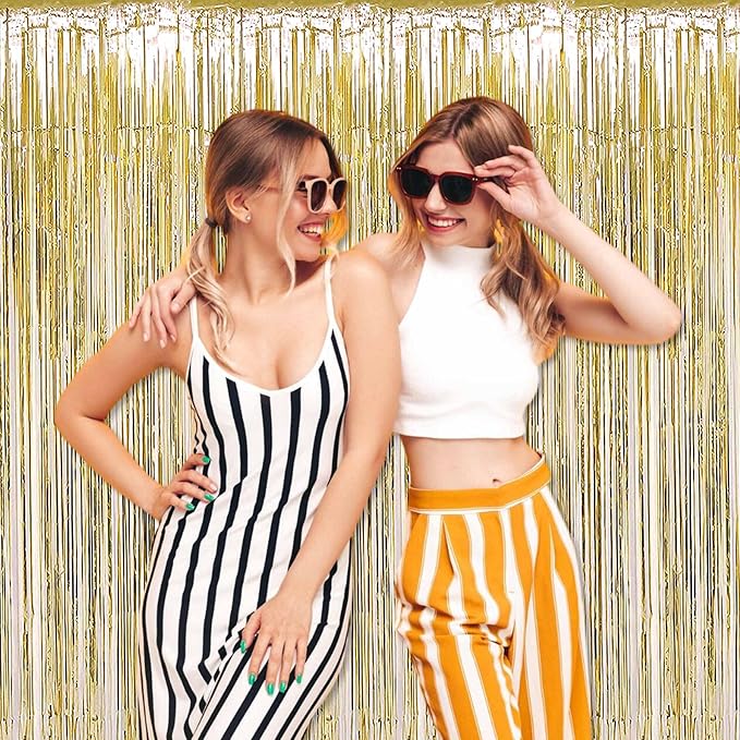 6 Pack Light Gold Foil Fringe Curtains Backdrop, 3.28 x 9.8 Ft Metallic Streamers Tinsel Curtains Background for Photo Booth, Birthday, Halloween, Christmas, Thanksgiving, New Year Party Decorations