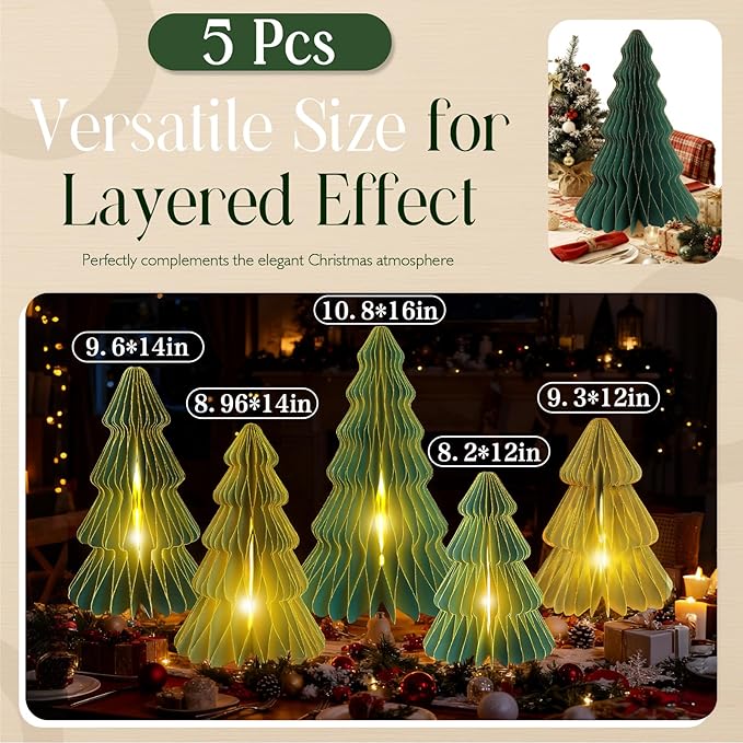 5Pcs Large Green Christmas Table Decorations Paper Christmas Trees, Light Up Honeycomb Xmas Tree Centerpieces for Tables, Christmas Frozen Winter Wonderland Party Vintage Home Decor, 12/14/16 Inch