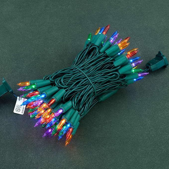 YULETIME Multicolor LED Christmas Lights with Green Wire, 33 ft 100 Count UL Certified Commercial Grade Holiday String Light Set (Multicolor - Green Wire)