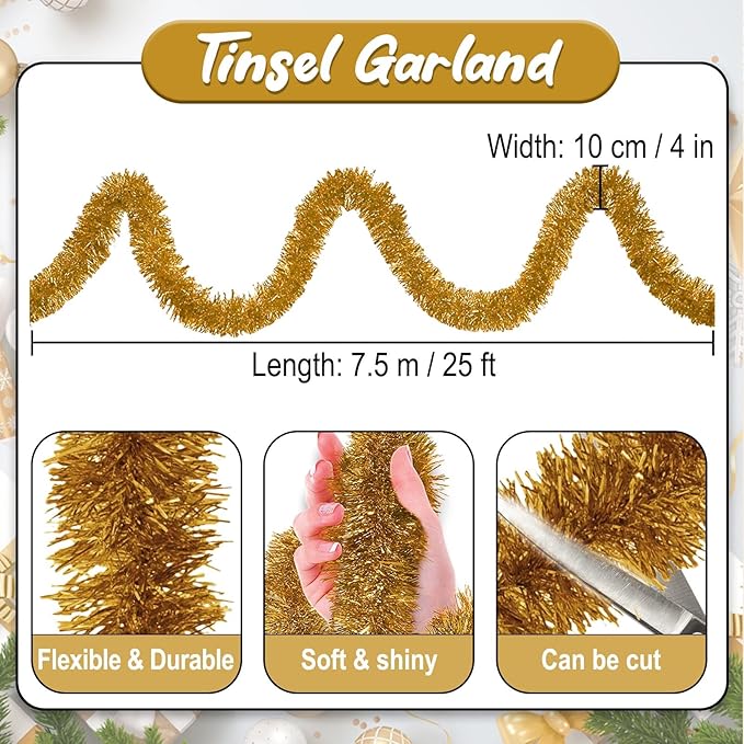 25 Feet Champagne Gold Christmas Tinsel Garland, Metallic Foil Twist Banner Wall Hanging Tinsel Streamers Backdrop for Parade Floats, Christmas, Mother's Day, Birthday Party Decorations(4in x 25ft)