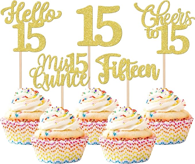 30PCS Happy 15th Birthday Cupcake Toppers Glitter Fifteen Mis Quince Hello 15 Cupcake Picks Cheers to 15 Birthday Decorations for 15th Birthday Anniversary Party Cake Decoration Supplies Gold