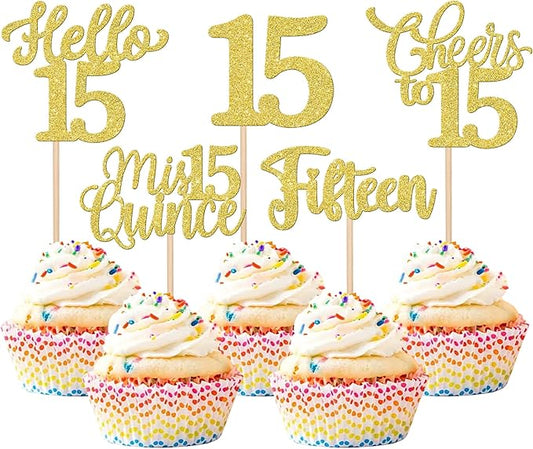 30PCS Happy 15th Birthday Cupcake Toppers Glitter Fifteen Mis Quince Hello 15 Cupcake Picks Cheers to 15 Birthday Decorations for 15th Birthday Anniversary Party Cake Decoration Supplies Gold