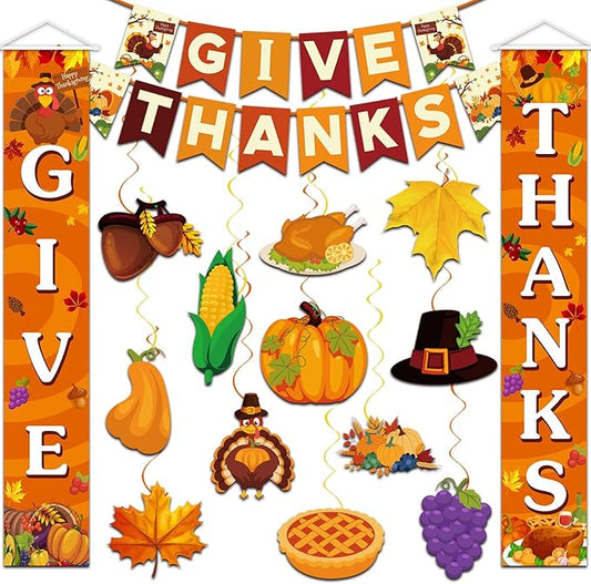 Thanksgiving Decorations Pre-Assembled GIVE THANKS Banner Hanging Swirls Porch Door Sign for Fall friendsgiving Party Home Office Classroom School Indoor outdoor Decor