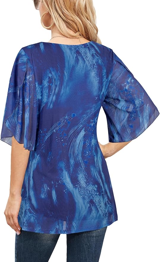 Ninedaily Women's Tops 3/4 Sleeve Blouses Dressy Casual Double Layers Mesh Tunic Shirts